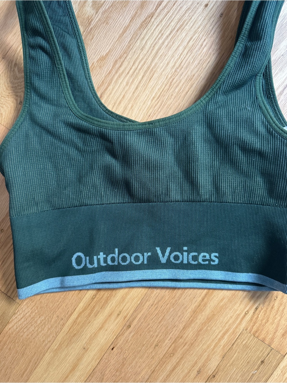 Outdoor Voices Dark Green Sports Bra with Light Blue Trim